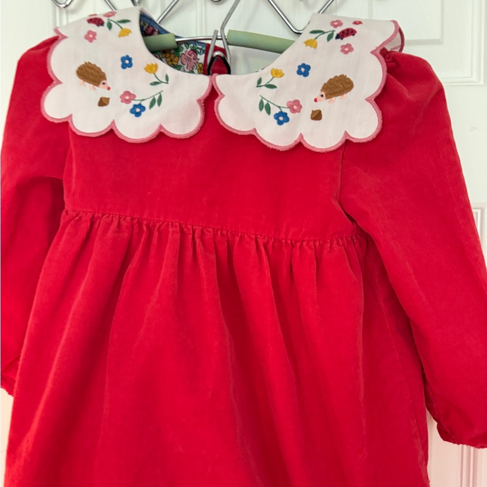 Mini Boden Girls Red Corduroy Dress with Embroidered Peter Pan Collar